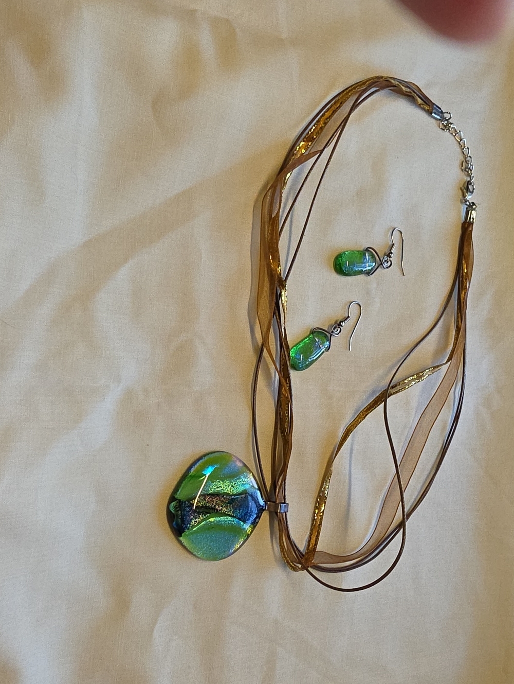 Iridescent Green Glass Pendant Necklace with Matching Earrings